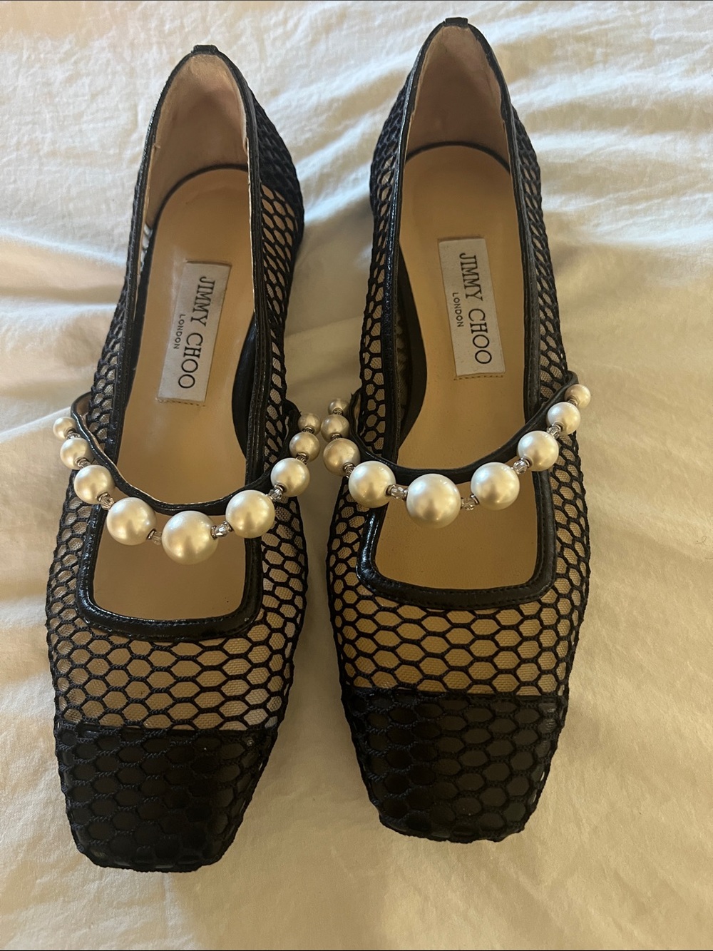 Jimmy Choo Elisa 45 Black Mesh Flats with Pearl-Strap Detail
